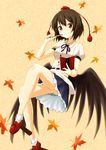  bad_id bad_pixiv_id black_wings brown_hair crossed_legs geta hat leaf leaf_background looking_at_viewer panties pencil red_eyes shameimaru_aya short_hair sitting smile solo tengu-geta tokin_hat touhou tsuchifumazu underwear wings 