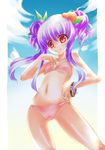  bad_id bad_pixiv_id bikini blue_hair flat_chest food food_as_clothes food_themed_clothes fruit hinanawi_tenshi peach red_eyes short_hair solo swimsuit taoru touhou 