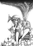  bad_id bad_pixiv_id barefoot bat_wings chair chin_rest graphite_(medium) greyscale hane_(azelye) highres legs monochrome pillow remilia_scarlet sitting skull smoke solo touhou traditional_media wings 
