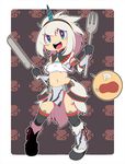  armor blue_eyes detached_sleeves elbow_gloves food fork gloves hairband horn hungry kirin_(armor) knife meat midriff monster_hunter mzh open_mouth saliva short_hair smile solo thighhighs white_hair 