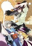  2girls ;d abstract_background ahoge arm_up bird black_hair blonde_hair bridal_gauntlets camera choker crow dutch_angle glasses grin hat holding kirisame_marisa long_hair looking_back morichika_rinnosuke multiple_girls nanami_sano newspaper one_eye_closed open_mouth pom_pom_(clothes) pouch puffy_short_sleeves puffy_sleeves red_eyes shameimaru_aya shirt short_hair short_sleeves silver_hair skirt smile teeth tokin_hat touhou wavy_hair wide_sleeves witch_hat yellow_eyes 