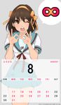  2009 august bad_id bad_pixiv_id brown_eyes brown_hair calendar_(medium) endless_eight face hairband hands highres infinity kari_(kakko_k) kita_high_school_uniform one_eye_closed open_mouth orange_hairband school_uniform serafuku solo suzumiya_haruhi suzumiya_haruhi_no_yuuutsu thigh_gap watermark 