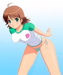  ahoge awakened_miki breasts brown_hair covered_nipples green_eyes hitsukirai hoshii_miki idolmaster idolmaster_(classic) medium_breasts no_pants panties raglan_sleeves side-tie_panties solo underwear 