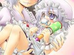  baby blood braid grey_eyes hat head_out_of_frame izayoi_sakuya kakkou lavender_hair multiple_girls nosebleed pacifier rattle remilia_scarlet short_hair touhou twin_braids wrist_cuffs younger 