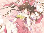 bad_id bad_pixiv_id bow brown_hair cherry_blossoms detached_sleeves flower hair_bow hakurei_reimu hands_clasped hands_on_own_chest hinayuki_usa long_hair own_hands_together petals solo touhou yellow_eyes 