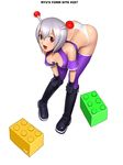  antennae ass bent_over black_footwear black_gloves boots breasts gloves grey_hair lego lego_brick looking_at_viewer open_mouth original panties purple_legwear red_eyes ryu_(ryu's_former_site) short_hair silver_hair solo thighhighs underwear white_panties 