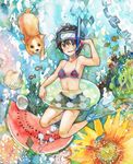  bad_id bad_pixiv_id bikini_top black_hair blue_eyes chain diving_mask dog fish flippers flower food fruit innertube kasumi_(hitokuri) original seaweed shell short_hair shorts snorkel solo sunflower traditional_media underwater watermelon 