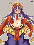  ame_no_uzume_(p&amp;d) baggy_pants bangle blush bracelet breasts embarrassed grey_background hair_tubes hat jewelry long_hair medium_breasts navel outline pants purple_eyes purple_hair puzzle_&amp;_dragons sarashi simple_background solo tonton_(hamuni123) very_long_hair wardrobe_malfunction 