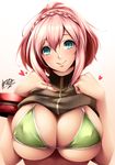  bikini blue_eyes blush braid breasts daiba_canon god_eater god_eater_burst green_bikini green_eyes heart large_breasts lips looking_at_viewer pink_hair shirt_lift short_hair smile solo swimsuit watanuki_kaname zipper 