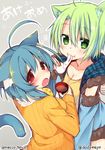  akeome animal_ears blue_hair blush cat_ears cat_tail collaboration dodome-iro_mayonnaise green_eyes green_hair happy_new_year multiple_girls necco_(tefun) new_year open_mouth orange_shirt original red_eyes ribbed_sweater sharon_(dodomayo) shirt short_hair sweater tail tefun_(tehun) twitter_username 