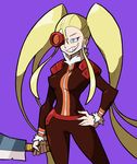 blonde_hair cleaver cosplay creator_connection grin hakodate_omiko hand_on_hip kill_la_kill long_hair purple_background scope sharp_teeth shenanimation smile solo teeth tengen_toppa_gurren_lagann trait_connection twintails viral viral_(cosplay) 