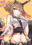  bare_shoulders brown_hair crop_top finger_to_mouth green_eyes headgear heart highres kantai_collection looking_at_viewer midriff miniskirt mutsu_(kantai_collection) one_eye_closed orange_background pointing pointing_at_viewer short_hair skirt solo toshi_gahara turret 