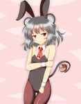  a-ktoo animal_ears bare_shoulders blush bunnysuit covered_navel detached_collar grey_hair highres holding_arm mouse mouse_ears mouse_tail nazrin pantyhose red_eyes short_hair solo tail touhou 