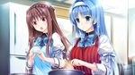  1boy 1girl apron blue_eyes blue_hair blush bow bowtie breasts brown_hair cooking crossdressing game_cg hairband happy highres kimishima_ao kitchen knife large_breasts long_hair looking_down mitsu_king ninomiya_mikoto open_mouth otome_ga_kanaderu_koi_no_aria red_eyes school_uniform smile standing sunlight trap tsukahara_izumi zinno 