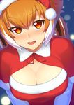  :d blazblue blush breasts brown_eyes brown_hair christmas cleavage cleavage_cutout hat highres large_breasts looking_at_viewer makoto_nanaya multicolored_hair open_mouth purinnssu santa_costume santa_hat short_hair smile snowing solo squirrel_tail tail two-tone_hair white_hair 