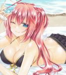  1girl ;d beach bikini_skirt black_bikini_top black_skirt blue_eyes breasts butt_crack cleavage collarbone cup drinking_straw eyebrows_visible_through_hair fujiwara_minaho hair_between_eyes halterneck holding holding_cup large_breasts long_hair lying marker_(medium) megurine_luka on_stomach one_eye_closed open_mouth outdoors red_hair ribbon shiny shiny_hair side_ponytail skirt smile solo traditional_media vocaloid watermark yellow_ribbon 