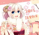  2015 blue_eyes horns japanese_clothes kimono looking_at_viewer new_year noe_noel open_mouth original pink_hair sheep sheep_horns short_hair smile upper_body 