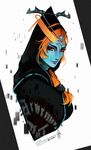  blue_skin forehead_jewel front_ponytail highres hood lips lipstick long_hair makeup midna midna_(true) orange_hair purple_lipstick red_eyes smile solo spoilers the_legend_of_zelda the_legend_of_zelda:_twilight_princess tholia tiara upper_body watermark web_address 