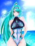  1girl absurdres aqua_eyes aqua_hair bangs bare_hips beach breasts commentary_request competition_swimsuit earrings gem hair_ornament headpiece highleg highleg_swimsuit highres hip_bones hip_focus hksicabb huge_filesize jewelry large_breasts long_hair looking_at_viewer neon_trim nintendo ocean one-piece_swimsuit pneuma_(xenoblade_2) ponytail pose smile solo spoilers swept_bangs swimsuit tiara very_long_hair xenoblade_(series) xenoblade_2 