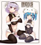  2girls animal_costume ashita_(2010) bad_id bad_pixiv_id bare_shoulders black_legwear blue_eyes blue_hair breasts center_opening cleavage collar earrings hairband happy_new_year horns jewelry large_breasts lock midriff multiple_girls navel new_year original purple_hair red_eyes sheep_costume sheep_horns sitting small_breasts tail thighhighs twintails wariza 