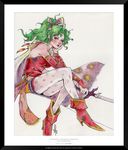  ankle_boots blue_eyes boots breasts cape chin_rest commentary detached_sleeves earrings final_fantasy final_fantasy_vi green_hair highres jewelry lips lipstick long_hair makeup medium_breasts pantyhose photo pointy_boots polka_dot polka_dot_legwear ponytail sitting solo sword tholia tina_branford weapon 
