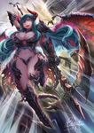  arm_up breasts chain_chronicle cleavage demon_girl demon_tail horns huge_breasts midair qblade smile solo tail thighs 