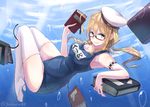  afloat blonde_hair blue_eyes book breasts glasses hat i-8_(kantai_collection) kantai_collection large_breasts long_hair looking_at_viewer name_tag one-piece_swimsuit peaked_cap red-framed_eyewear school_swimsuit semi-rimless_eyewear smile solo swimsuit toshi_gahara twintails underwater white_legwear 