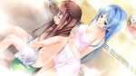  1boy 1girl bath bathroom bathtub blue_eyes blue_hair blush braid breasts brown_hair bubble bubbles bucket cleavage eyes_closed game_cg highres kimishima_ao kneeling large_breasts legs long_hair mitsu_king mixed_bathing navel ninomiya_mikoto nude open_mouth otome_ga_kanaderu_koi_no_aria sitting sponge steam thighs towel trap tsukahara_izumi washing water wet zinno 