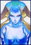  blonde_hair blue_eyes blue_hair blue_skin border breasts collarbone earrings eyelashes final_fantasy final_fantasy_viii jewelry lips long_hair looking_at_viewer marker_(medium) medium_breasts multicolored_hair nose shiva_(final_fantasy) solo tholia traditional_media two-tone_hair 