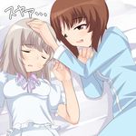  bad_id bad_pixiv_id bangs bed_sheet blue_pants blue_shirt blush brown_eyes brown_hair closed_eyes eyebrows_visible_through_hair frilled_shirt frills girls_und_panzer hand_on_another's_head itsumi_erika light_frown long_hair long_sleeves lying multiple_girls nishizumi_maho nksk on_back on_bed on_side open_mouth pajamas pants patting shirt short_hair silver_hair sleeveless white_shirt 