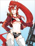  anti-materiel_rifle belt bikini_top boota boots breasts buttjeeeks cleavage gun hair_ornament jacket lips long_hair medium_breasts navel ponytail red_hair rifle short_shorts shorts skull_hair_ornament sniper_rifle solo tengen_toppa_gurren_lagann thigh_boots thighhighs underboob very_long_hair weapon white_footwear white_legwear yellow_eyes yoko_littner 