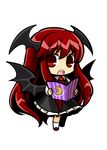  :o bat_wings black_dress book chibi collared_shirt commentary_request crescent dress dress_shirt english frills full_body head_wings holding holding_book koakuma long_hair long_sleeves looking_at_viewer necktie open_book red_eyes red_hair shirt shoes sidelocks socha socks solo striped touhou transparent_background vertical_stripes very_long_hair white_shirt wings 