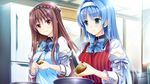  1boy 1girl apron blue_eyes blue_hair blush bow bowtie breasts brown_hair cooking crossdressing food game_cg hairband happy highres kimishima_ao kitchen knife large_breasts long_hair looking_down mitsu_king ninomiya_mikoto otome_ga_kanaderu_koi_no_aria potato red_eyes school_uniform smile standing sunlight trap tsukahara_izumi zinno 