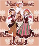  &gt;_&lt; 1girl :d ^_^ arm_up axis_powers_hetalia bandana blonde_hair blush boots bouquet bow closed_eyes coat_of_arms countryball cross-laced_footwear crossover dannoura dress dual_persona european_clothes flower genderswap genderswap_(mtf) green_eyes hand_on_hip hat hat_flower holding lace-up_boots long_sleeves open_mouth outline pants poland poland_(hetalia) polandball polish polish_clothes short_hair smile striped traditional_clothes translated vest 