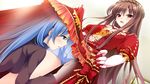  1boy 1girl blue_eyes blue_hair blush breasts brown_hair crossdressing elbow_gloves game_cg gloves highres kimishima_ao long_hair mitsu_king ninomiya_mikoto open_mouth otome_ga_kanaderu_koi_no_aria red_eyes trap tsukahara_izumi zinno 