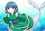  :d blue_eyes blue_hair blush drill_hair fins frilled_kimono frills head_fins japanese_clothes kimono looking_at_viewer mermaid monster_girl obi open_mouth puchimirin sash smile solo tail_fin touhou wakasagihime 