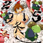  2015 blonde_hair blue_eyes breasts brown_hair calligraphy_brush dual_wielding expressionless floral_print fluffy hakama_pants hataraki_ari hips holding horns huge_breasts ink japanese_clothes light_blue_eyes multicolored_hair open_mouth original paintbrush personification shaving shearing sheep_girl sheep_horns short_hair stomach streaked_hair sunburst upper_body wool 