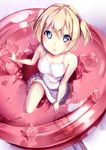  blonde_hair blue_eyes candy dress food in_food lollipop minigirl original oversized_object packge parted_lips short_hair solo sundress twintails 