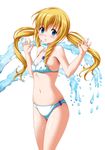  amagi_brilliant_park blonde_hair blue_eyes blush breasts covered_nipples highres kaze_makase latifa_fleuranza long_hair looking_at_viewer low_twintails small_breasts solo swimsuit twintails water_drop wet 
