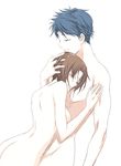  1boy 1girl aoyanagi_risa ass astroh0 blue_hair breasts brown_hair couple nude psycho-pass ryogo_kozuki short_hair simple_background 