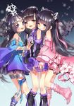  bare_shoulders black_hair blue_eyes blush boots bracelet brown_eyes character_request detached_sleeves dress flower highres jewelry jian_xia_qing_yuan jian_xia_qing_yuan_online_3 long_hair long_sleeves looking_at_viewer multiple_girls nicohi open_mouth pink_footwear purple_eyes smile 