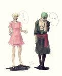  2boys a-amal blonde_hair crossdressing dress green_hair hair_over_one_eye hand_on_face hand_on_own_face highres multiple_boys one_piece pink_dress robe roronoa_zoro sanji 