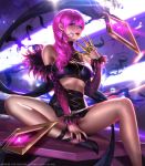  1girl bare_shoulders breasts claws detached_sleeves earrings evelynn feather_trim halter_top halterneck high_heels idol jewelry k/da_(league_of_legends) k/da_evelynn league_of_legends liang_xing lips lipstick long_hair looking_at_viewer makeup medium_breasts microphone midriff nail_polish necklace parted_lips purple_eyes purple_hair sitting solo 