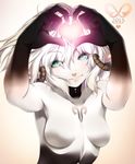  bodysuit breasts closed_mouth green_eyes heart horns looking_at_viewer medium_breasts no_nipples original rezi short_hair simple_background smile solo white_hair 