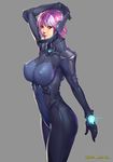  ariverkao bodysuit breasts covered_nipples large_breasts original pink_hair red_eyes short_hair skin_tight solo 