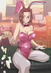  1girl animal_ears bare_shoulders blue_eyes bow bowtie breasts bunny_ears bunny_girl bunnysuit cleavage code_geass coin highres kallen_stadtfeld kyabakurabakufu large_breasts legs looking_at_viewer money pantyhose red_hair short_hair sitting smile thighs wrist_cuffs 