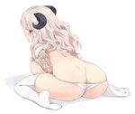  ass blue_eyes blush breasts butt_crack homura_subaru horns large_breasts long_hair looking_at_viewer looking_back original panties panty_pull ribbed_sweater sheep_horns silver_hair simple_background sitting solo sweater thighhighs underwear wariza white_background white_legwear white_panties 