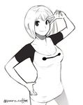  artist_name baymax baymax_(cosplay) big_hero_6 bottomless breasts cleavage cosplay greyscale highres looking_at_viewer medium_breasts monochrome naked_shirt no_pants original poaro raglan_sleeves shirt smile solo t-shirt v white_background 