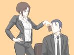  1boy 1girl aoyanagi_risa astroh0 black_hair brown_hair chair cup formal hand_on_hip necktie psycho-pass short_hair simple_background sitting suit teppei_sugo 