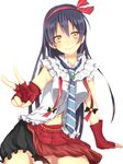  arm_support blue_hair bokura_wa_ima_no_naka_de fingerless_gloves frills gloves hair_between_eyes hairband idol large_cat_(art_dream1) long_hair looking_at_viewer love_live! love_live!_school_idol_project navel navel_cutout red_gloves red_skirt shirt skirt sleeveless sleeveless_shirt smile solo sonoda_umi v white_background white_shirt yellow_eyes 